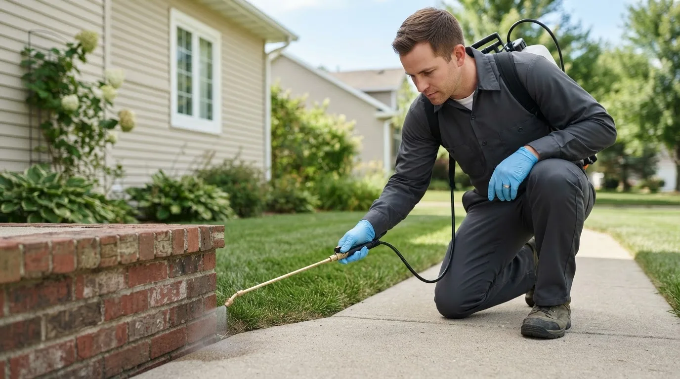 Pest control technician treating a home near Dilley, TX
